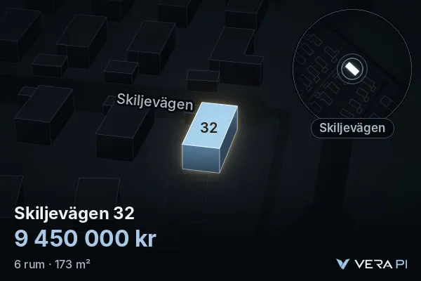 VERA PI:s bild av Skiljevägen 32: huset i 3D, upplyst i blått, och kartan runt omkring