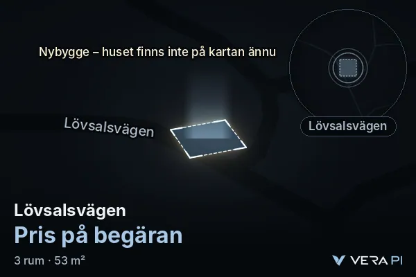 VERA PI's image of Lövsalsvägen: the building in 3D, lit in blue, and the map around it