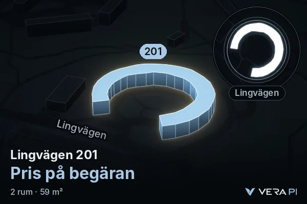 VERA PI's image of Lingvägen 201: the building in 3D, lit in blue, and the map around it