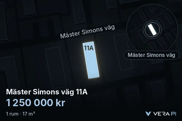 VERA PI's image of Mäster Simons väg 11A: the building in 3D, lit in blue, and the map around it