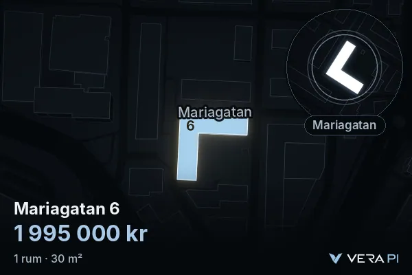 VERA PI:s bild av Mariagatan 6: huset i 3D, upplyst i blått, och kartan runt omkring