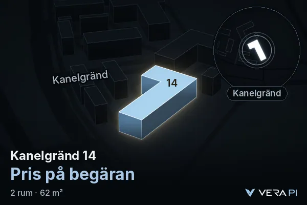 VERA PI's image of Kanelgränd 14: the building in 3D, lit in blue, and the map around it