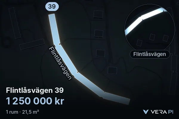 VERA PI's image of Flintlåsvägen 39: the building in 3D, lit in blue, and the map around it