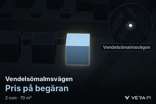VERA PI:s bild av Vendelsömalmsvägen: huset i 3D, upplyst i blått, och kartan runt omkring