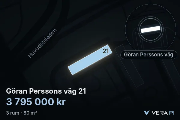 VERA PI:s bild av Göran Perssons väg 21: huset i 3D, upplyst i blått, och kartan runt omkring