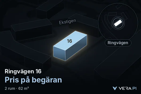 VERA PI:s bild av Ringvägen 16: huset i 3D, upplyst i blått, och kartan runt omkring