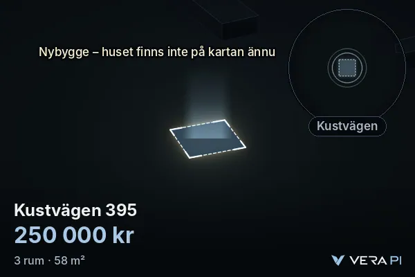 VERA PI:s bild av Kustvägen 395: huset i 3D, upplyst i blått, och kartan runt omkring