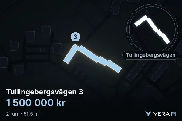 VERA PI:s bild av Tullingebergsvägen 3: huset i 3D, upplyst i blått, och kartan runt omkring