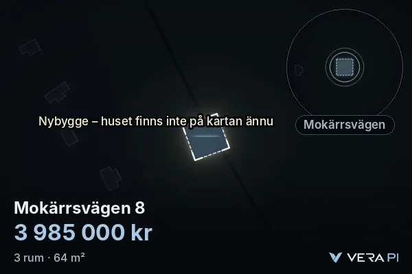 VERA PI's image of Mokärrsvägen 8: the building in 3D, lit in blue, and the map around it