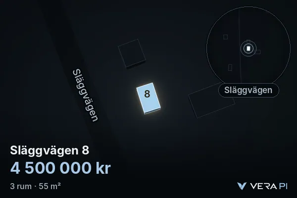 VERA PI's image of Släggvägen 8: the building in 3D, lit in blue, and the map around it