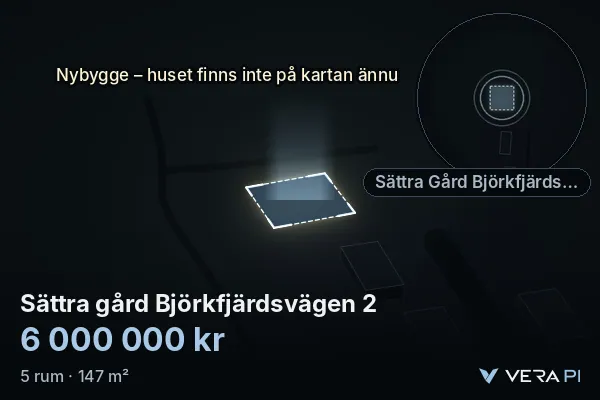 VERA PI's image of Sättra gård Björkfjärdsvägen 2: the building in 3D, lit in blue, and the map around it