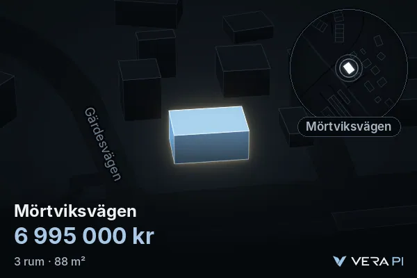 VERA PI:s bild av Mörtviksvägen: huset i 3D, upplyst i blått, och kartan runt omkring