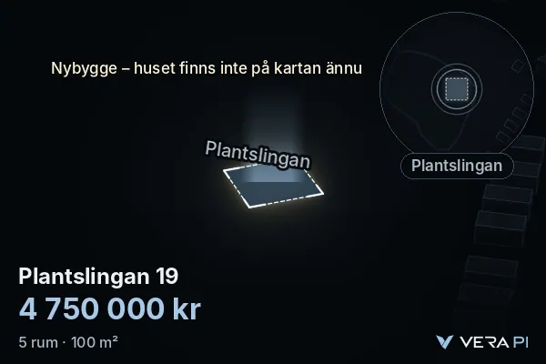 VERA PI:s bild av Plantslingan 19: huset i 3D, upplyst i blått, och kartan runt omkring