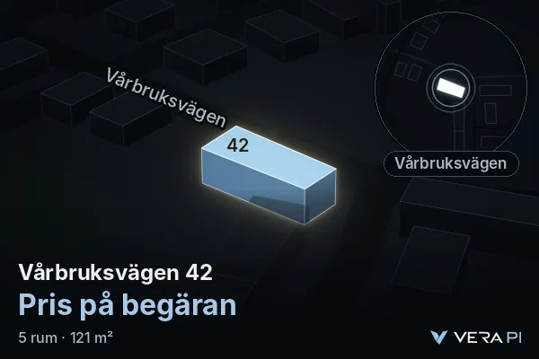 VERA PI:s bild av Vårbruksvägen 42: huset i 3D, upplyst i blått, och kartan runt omkring