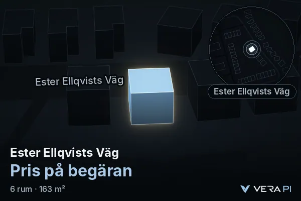 VERA PI:s bild av Ester Ellqvists Väg: huset i 3D, upplyst i blått, och kartan runt omkring