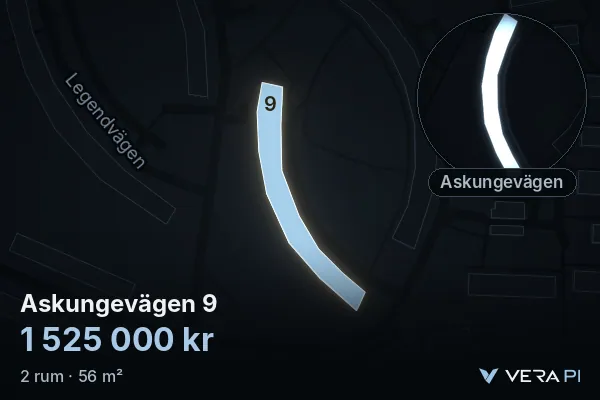 VERA PI's image of Askungevägen 9: the building in 3D, lit in blue, and the map around it