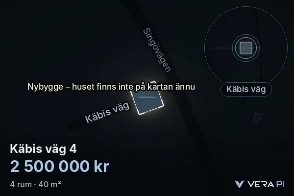 VERA PI:s bild av Käbis väg 4: huset i 3D, upplyst i blått, och kartan runt omkring