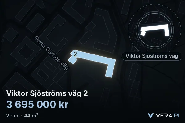 VERA PI:s bild av Viktor Sjöströms väg 2: huset i 3D, upplyst i blått, och kartan runt omkring