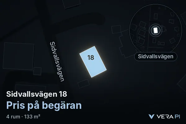 VERA PI:s bild av Sidvallsvägen 18: huset i 3D, upplyst i blått, och kartan runt omkring