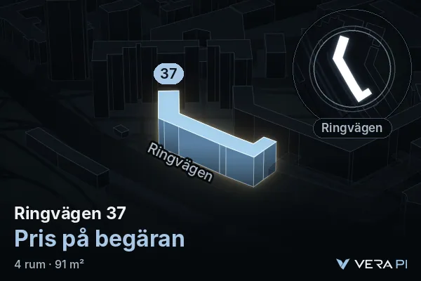 VERA PI's image of Ringvägen 37: the building in 3D, lit in blue, and the map around it