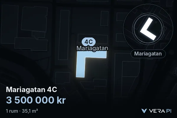 VERA PI:s bild av Mariagatan 4C: huset i 3D, upplyst i blått, och kartan runt omkring