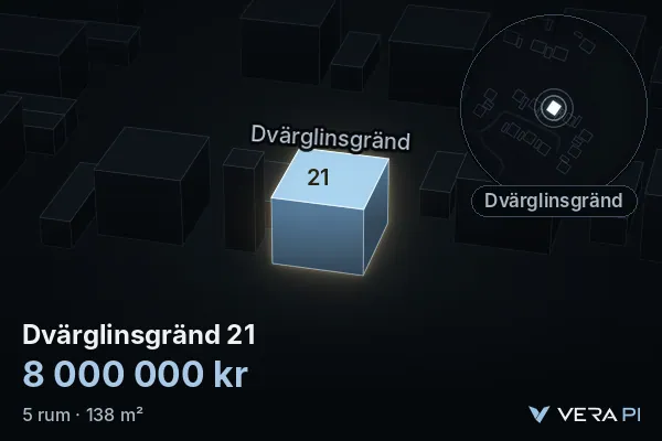 VERA PI's image of Dvärglinsgränd 21: the building in 3D, lit in blue, and the map around it