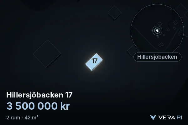 VERA PI's image of Hillersjöbacken 17: the building in 3D, lit in blue, and the map around it