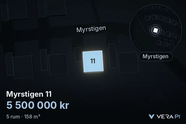 VERA PI's image of Myrstigen 11: the building in 3D, lit in blue, and the map around it