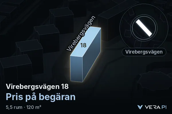 VERA PI's image of Virebergsvägen 18: the building in 3D, lit in blue, and the map around it