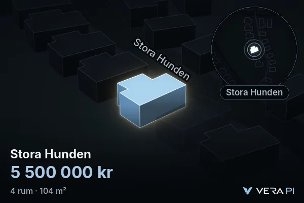 VERA PI:s bild av Stora Hunden: huset i 3D, upplyst i blått, och kartan runt omkring