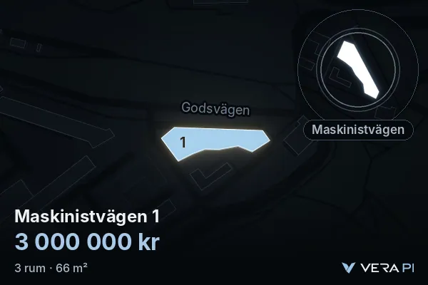 VERA PI:s bild av Maskinistvägen 1: huset i 3D, upplyst i blått, och kartan runt omkring
