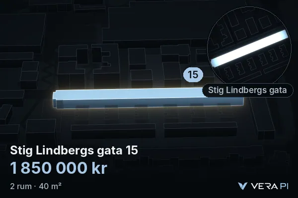 VERA PI:s bild av Stig Lindbergs gata 15: huset i 3D, upplyst i blått, och kartan runt omkring