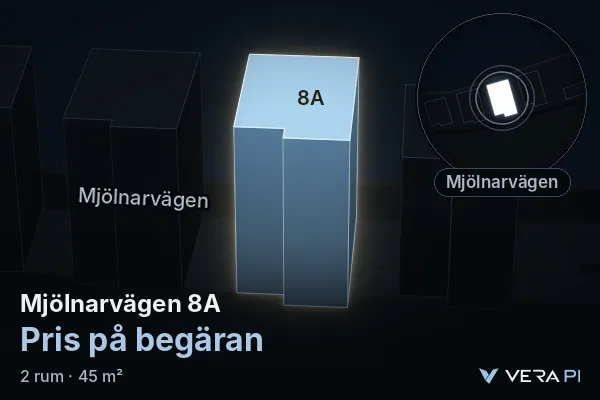 VERA PI:s bild av Mjölnarvägen 8A: huset i 3D, upplyst i blått, och kartan runt omkring