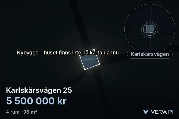 VERA PI:s bild av Karlskärsvägen 25: huset i 3D, upplyst i blått, och kartan runt omkring