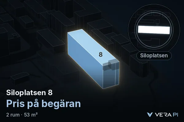 VERA PI:s bild av Siloplatsen 8: huset i 3D, upplyst i blått, och kartan runt omkring