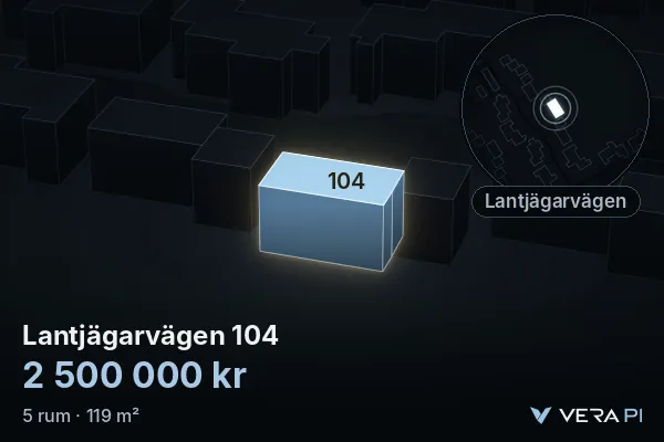 VERA PI's image of Lantjägarvägen 104: the building in 3D, lit in blue, and the map around it