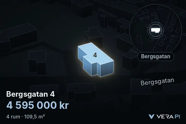 VERA PI:s bild av Bergsgatan 4: huset i 3D, upplyst i blått, och kartan runt omkring