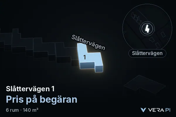VERA PI:s bild av Slåttervägen 1: huset i 3D, upplyst i blått, och kartan runt omkring