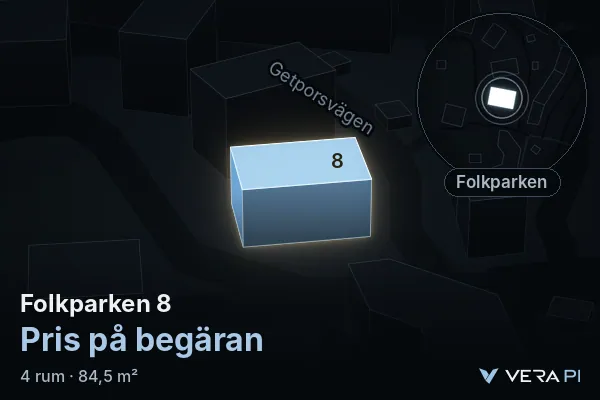 VERA PI:s bild av Folkparken 8: huset i 3D, upplyst i blått, och kartan runt omkring