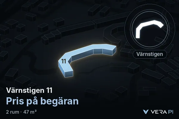 VERA PI:s bild av Värnstigen 11: huset i 3D, upplyst i blått, och kartan runt omkring