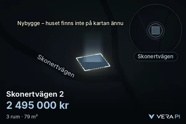 VERA PI's image of Skonertvägen 2: the building in 3D, lit in blue, and the map around it