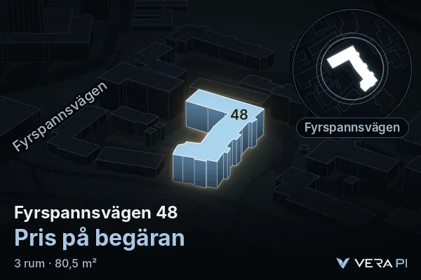 VERA PI:s bild av Fyrspannsvägen 48: huset i 3D, upplyst i blått, och kartan runt omkring
