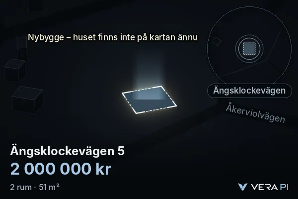 VERA PI's image of Ängsklockevägen 5: the building in 3D, lit in blue, and the map around it