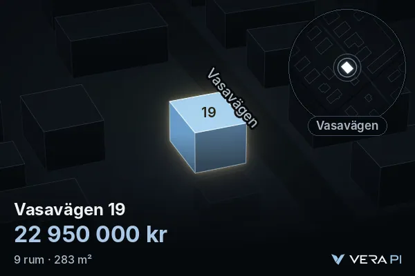 VERA PI's image of Vasavägen 19: the building in 3D, lit in blue, and the map around it