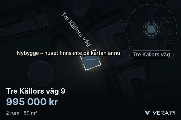 VERA PI's image of Tre Källors väg 9: the building in 3D, lit in blue, and the map around it
