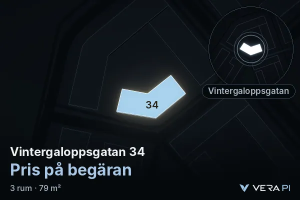VERA PI's image of Vintergaloppsgatan 34: the building in 3D, lit in blue, and the map around it