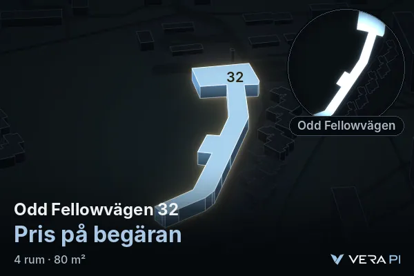VERA PI:s bild av Odd Fellowvägen 32: huset i 3D, upplyst i blått, och kartan runt omkring