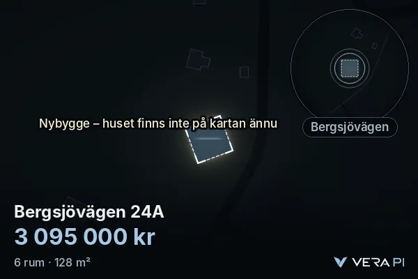 VERA PI's image of Bergsjövägen 24A: the building in 3D, lit in blue, and the map around it