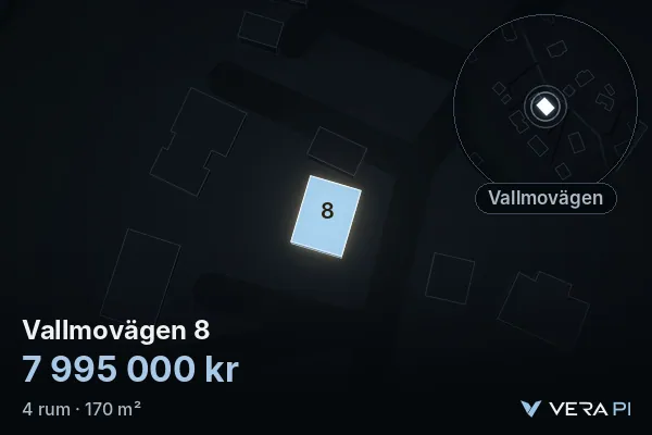 VERA PI's image of Vallmovägen 8: the building in 3D, lit in blue, and the map around it