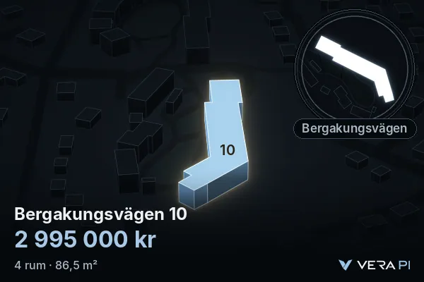 VERA PI's image of Bergakungsvägen 10: the building in 3D, lit in blue, and the map around it